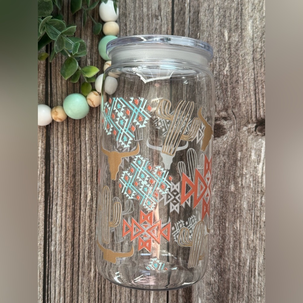Southwestern Patterned Plastic Jar Straw Cup